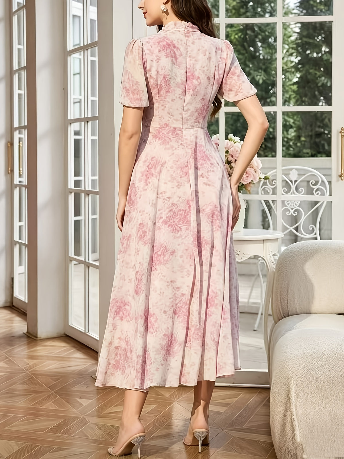Women'S Dress, Fashion Stand Collar Tie-String Holiday Long Dress, Elegant Printed Fitted Short Sleeve Dress - Pink