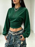Women's Back-to- Season Basic Solid Color Pleated Asymmetrical Collar Long Sleeve Pullover Top, Autumn/Winter Casual Versatile Style,, Leisure, Dating, and Vacation Holidays in Multiple Scenarios - Dark Green