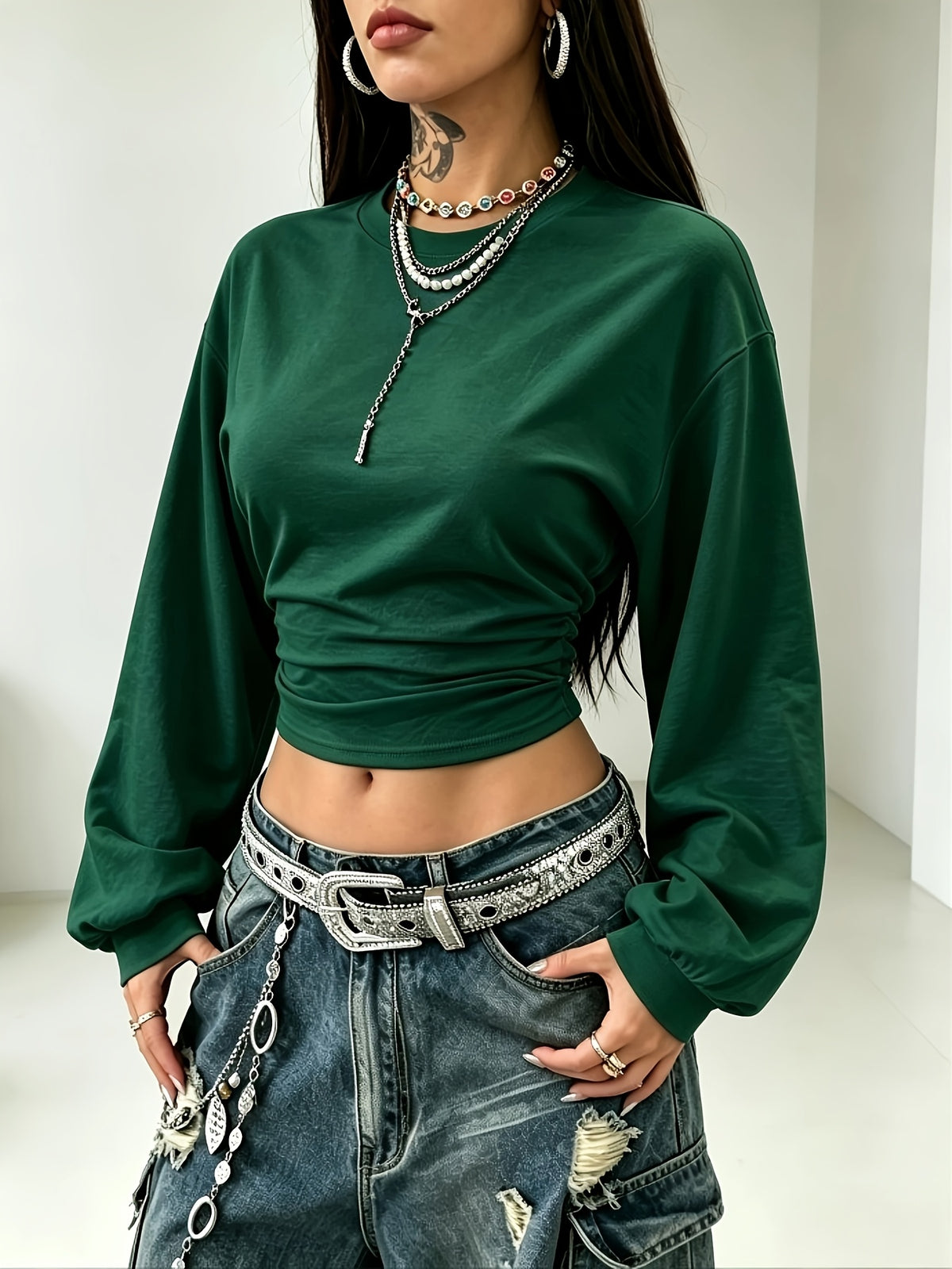 Women's Back-to- Season Basic Solid Color Pleated Asymmetrical Collar Long Sleeve Pullover Top, Autumn/Winter Casual Versatile Style,, Leisure, Dating, and Vacation Holidays in Multiple Scenarios - Dark Green