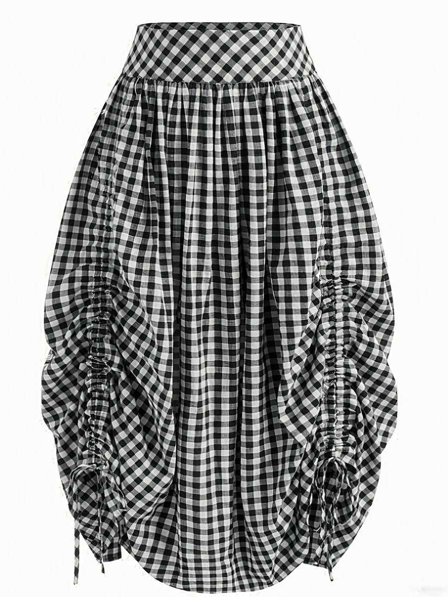 Women's French-Style Plaid Casual Ruffle Hem Drawstring Versatile Skirt, Suitable for Dates, Beach, and Other Occasions - Deep Grey