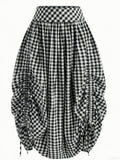 Women's French-Style Plaid Casual Ruffle Hem Drawstring Versatile Skirt, Suitable for Dates, Beach, and Other Occasions - Deep Grey