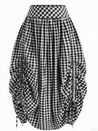 Women's French-Style Plaid Casual Ruffle Hem Drawstring Versatile Skirt, Suitable for Dates, Beach, and Other Occasions - Deep Grey