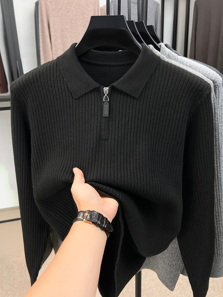 Xingfan Autumn/Winter Men's Ribbed Cable Knit Lapel Pullover Casual 4/1 Zipper Thickened Warm Long-Sleeve Sweater - Black