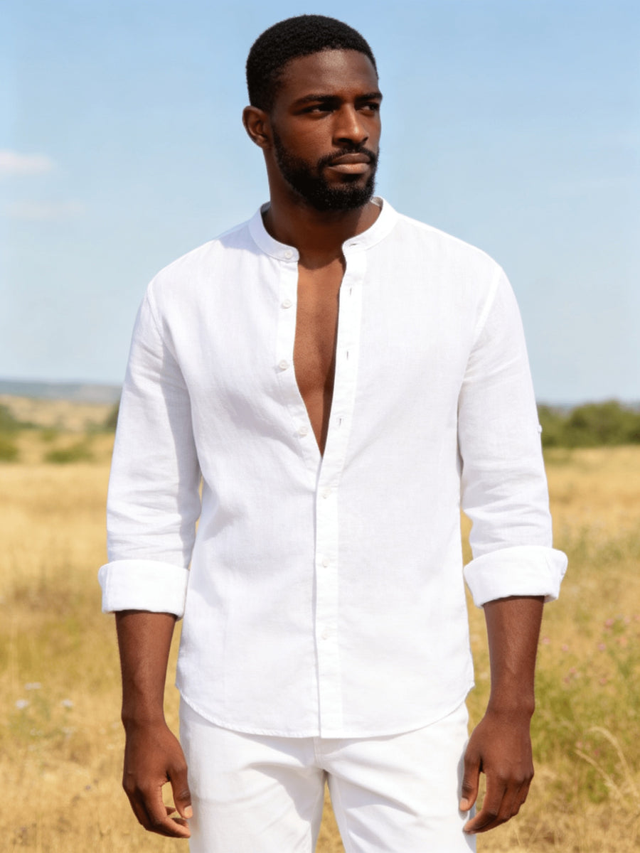 26-Year-Old Men'S New Small Stand-Up Collar Long-Sleeve Shirt, Classic Solid Colors And Multi-Colors Available. Soft, Breathable, Loose Fit for Men, Versatile Shirt for Daily Leisure - White