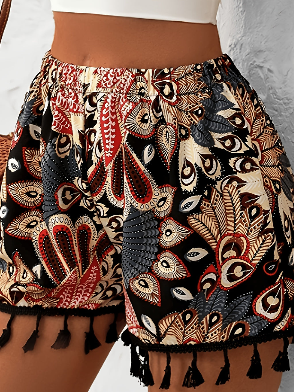 Bohemian Peacock Print Shorts - High-Waisted Elastic Waist Fringe Wide-Leg Hot Pants with Style, Suitable for Summer Beachwear, Dance Costumes & Casual Outfits - Multicolor