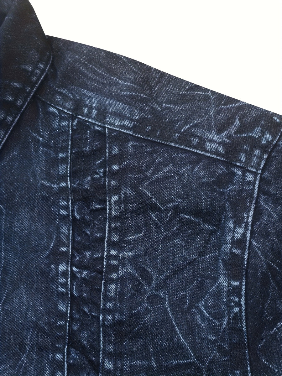 Autumn Men'S Denim Shirt Distressed Handmade Washed Denim Shirt Vintage Long Sleeve Denim Design Casual Leisure Shirt Slim Fit Denim Shirt Handmade Men'S Shirt Business Inner Layer Casual Denim Shirt - Navy blue color
