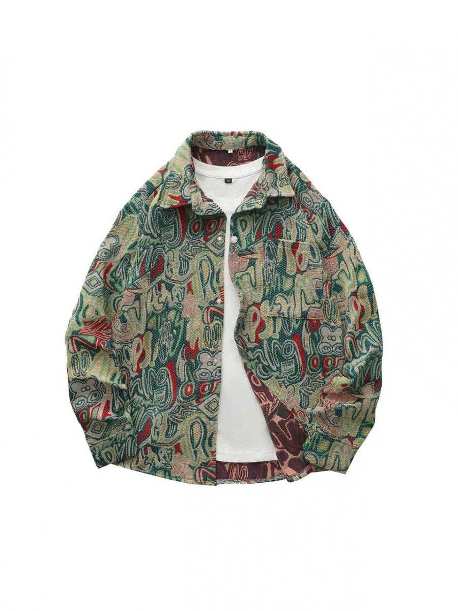 Men'S American Retro All-Over Floral Woven Teddy Bear Shirt Jacket, Men'S Autumn Premium Trendy Brand Bad Boy Influencer Casual Shirt - Light Green Letters