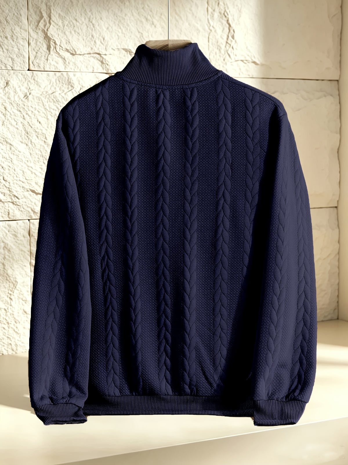 BOWZ Men's Knitted Top, Patchwork Design Stand Collar Sweatshirt with Zipper, Autumn/Winter Warm Sweater, Loose Fit, Suitable for Outdoor Vacations, Casual Sports, Random Jacquard Texture - Navy