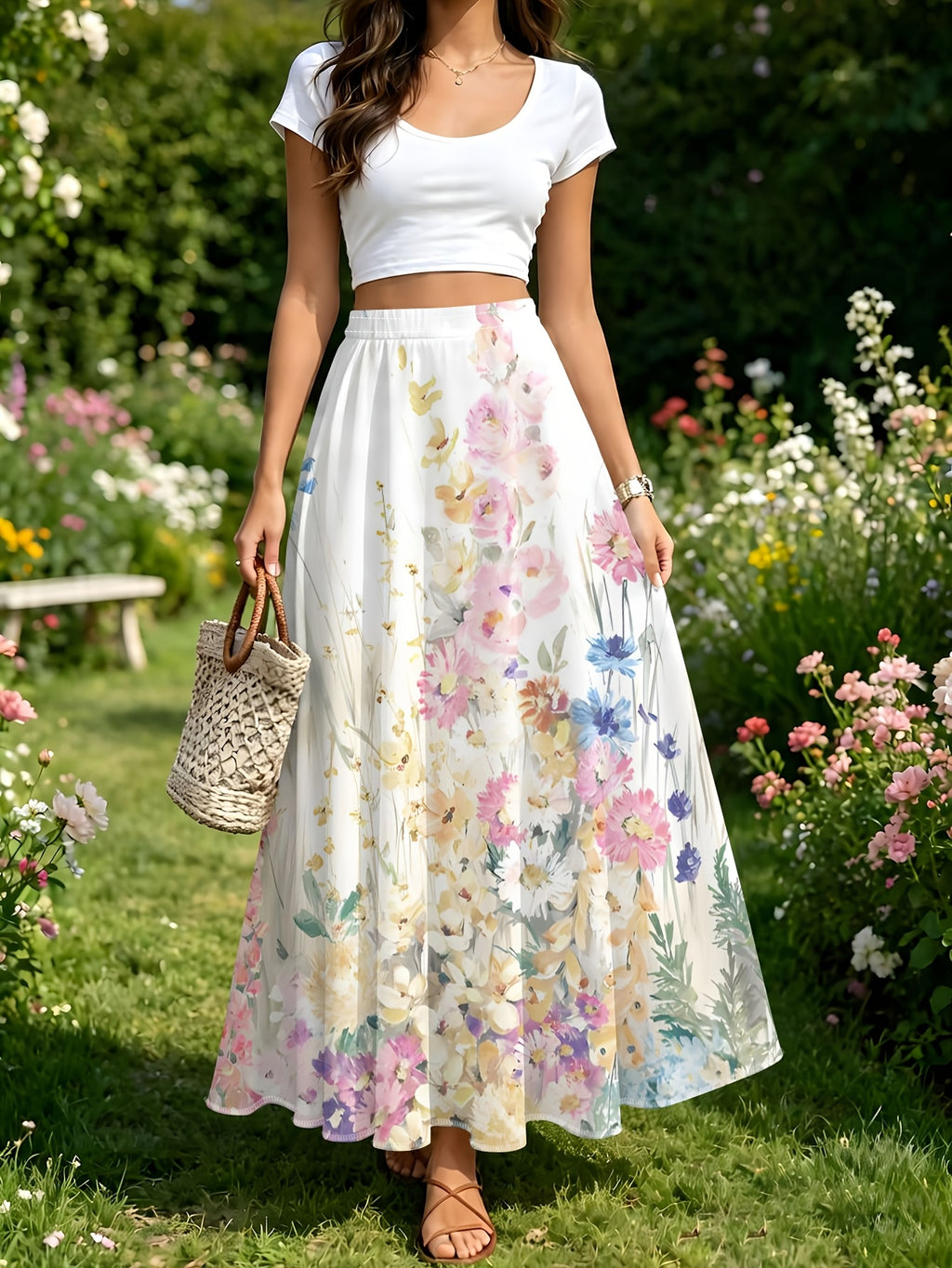 Watercolor Floral Print Skirt, Summer Casual Vacation Style - Mixed colors