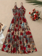 Women's Elegant Floral evening Dress - Formal Party, Wedding, Gala - Sleeveless A-Line Gown with Spaghetti Strap - Red Roses on Beige - Machine Washable Formal Attire, Wedding Guest Attire, Decorative Floral Print - Red
