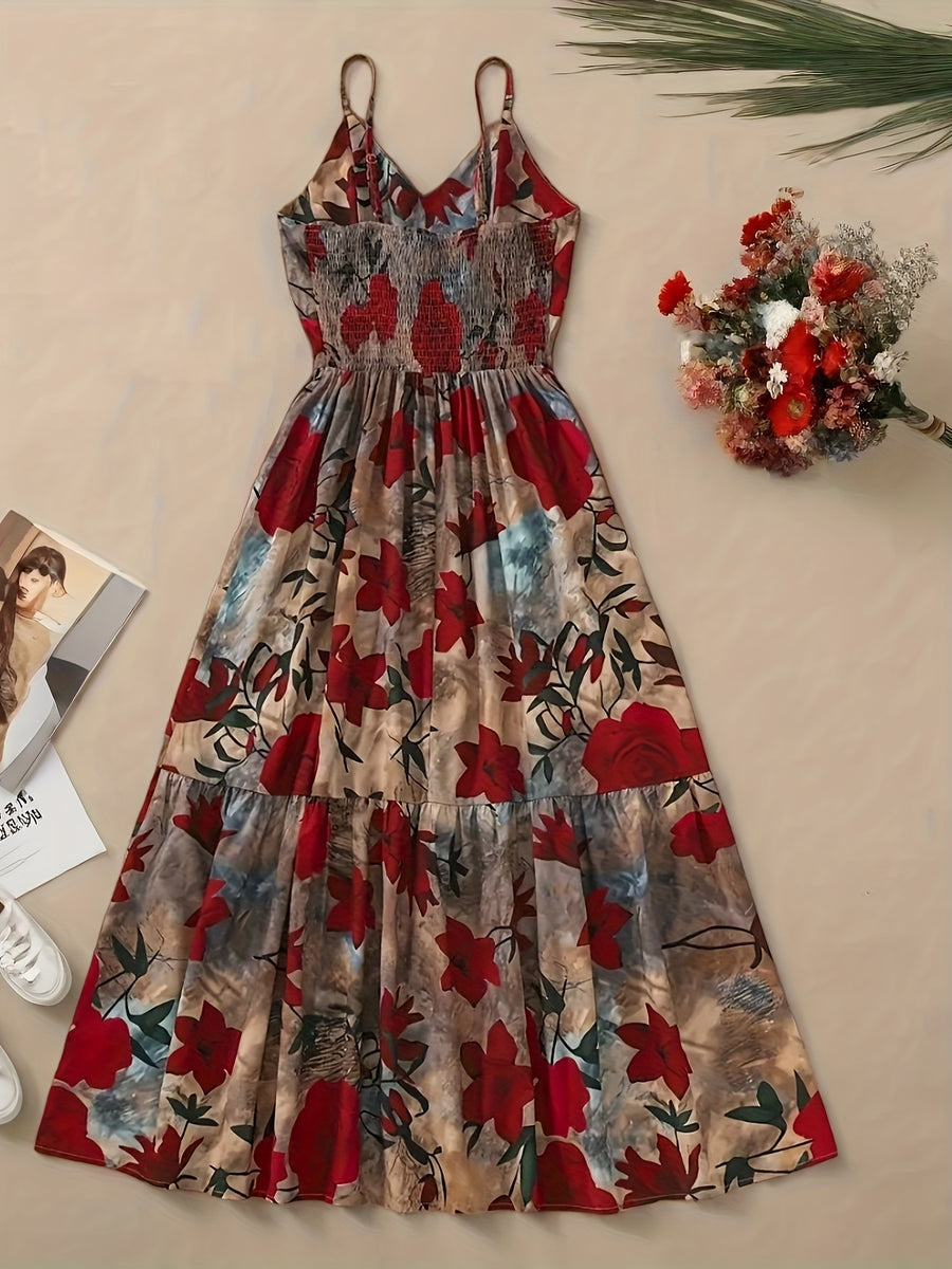 Women's Elegant Floral evening Dress - Formal Party, Wedding, Gala - Sleeveless A-Line Gown with Spaghetti Strap - Red Roses on Beige - Machine Washable Formal Attire, Wedding Guest Attire, Decorative Floral Print - Red