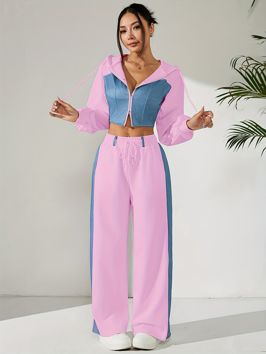 Women'S Suit Spring Long Sleeve Hooded Short Top And Long Pants Ladies Contrast Patchwork Elegant Two-Piece Set Autumn Casual Wear - pink