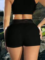 Women'S High-Stretch Black Shorts - Comfortable Knit Fabric, Stretchy Waistband, Casual Style, All-Season Wear, Casual Wear|Stretchy Fabric|Polyester Shorts - Black