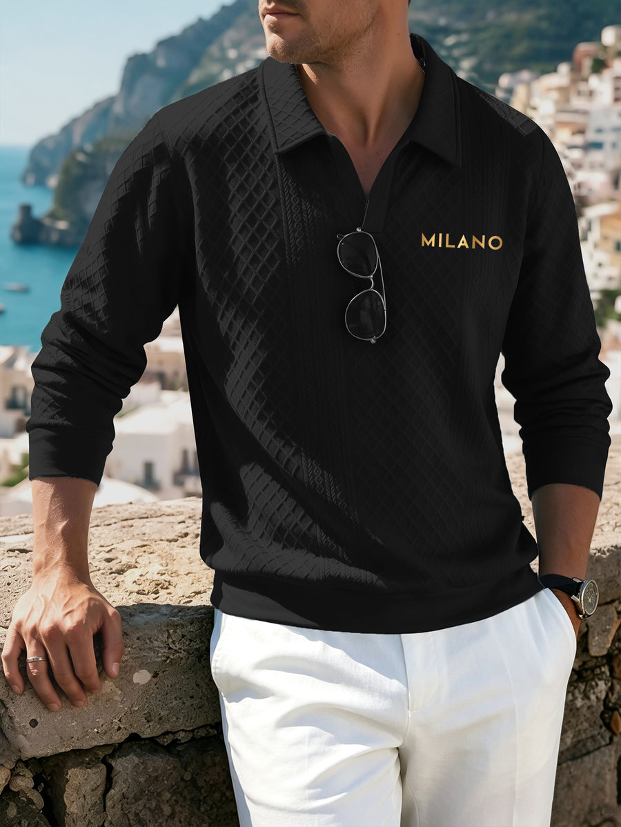 Men'S 3D Diamond Pattern Long Sleeve Polo Shirt, Retro Lapel Fit Casual Street Commute All-Match Pullover Top (Random Texture) - Black