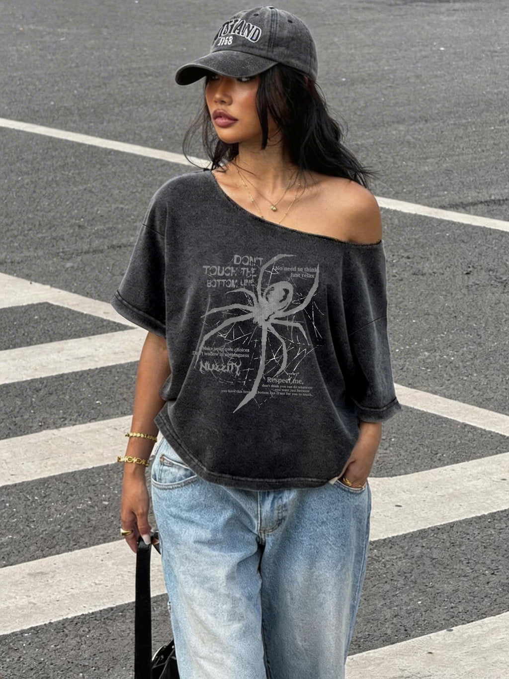 Spider Print Loose Casual Off-Shoulder Washed T-Shirt, One-Shoulder Round-Neck Women'S T-Shirt for Summer Commuting Fashion - Deep Grey