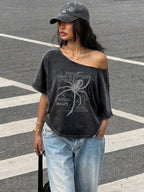Spider Print Loose Casual Off-Shoulder Washed T-Shirt, One-Shoulder Round-Neck Women'S T-Shirt for Summer Commuting Fashion - Deep Grey