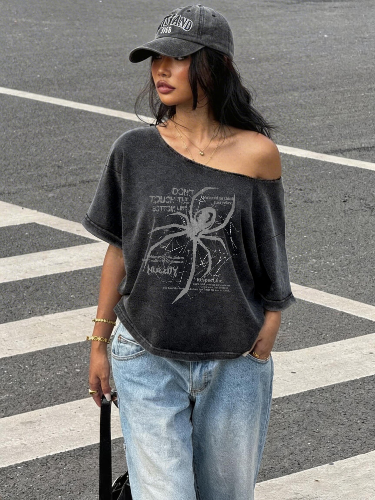 Spider Print Loose Casual Off-Shoulder Washed T-Shirt, One-Shoulder Round-Neck Women'S T-Shirt for Summer Commuting Fashion - Deep Grey