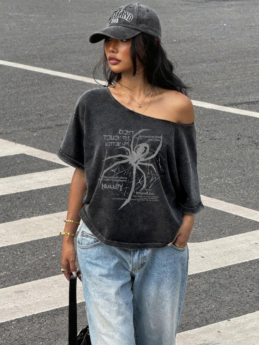 Spider Print Loose Casual Off-Shoulder Washed T-Shirt, One-Shoulder Round-Neck Women'S T-Shirt for Summer Commuting Fashion - Deep Grey