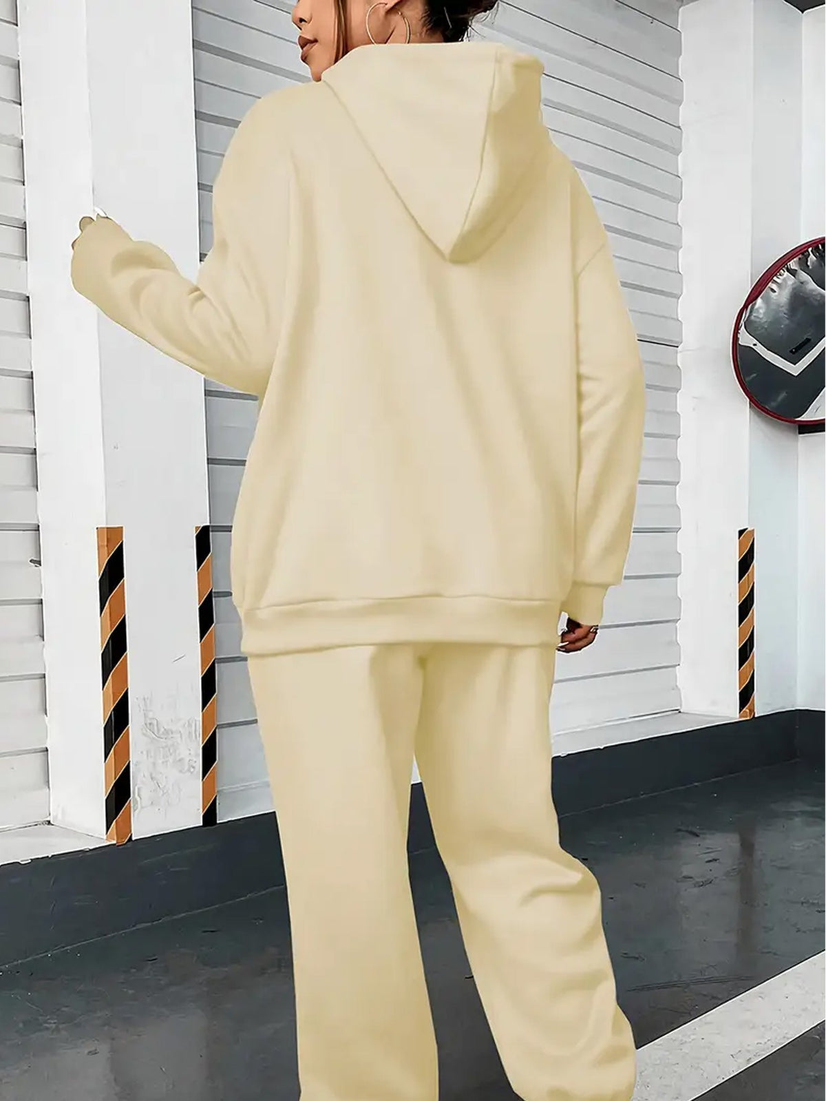 Geometric Print Women'S Fleece-Lined Printed Hooded Sweatshirt + Sweatpants Sportswear Set Autumn And Winter Pullover, Machine Washable Comfortable Top Soft Fabric Daily Versatile, Fleece-Lined Design, 100% - Apricot