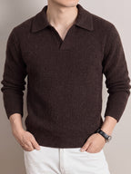 Men'S Polo Neck Knit Sweater Autumn Winter Thick Ribbed Placket Pullover Casual Solid Color Knit Top - Coffee Color