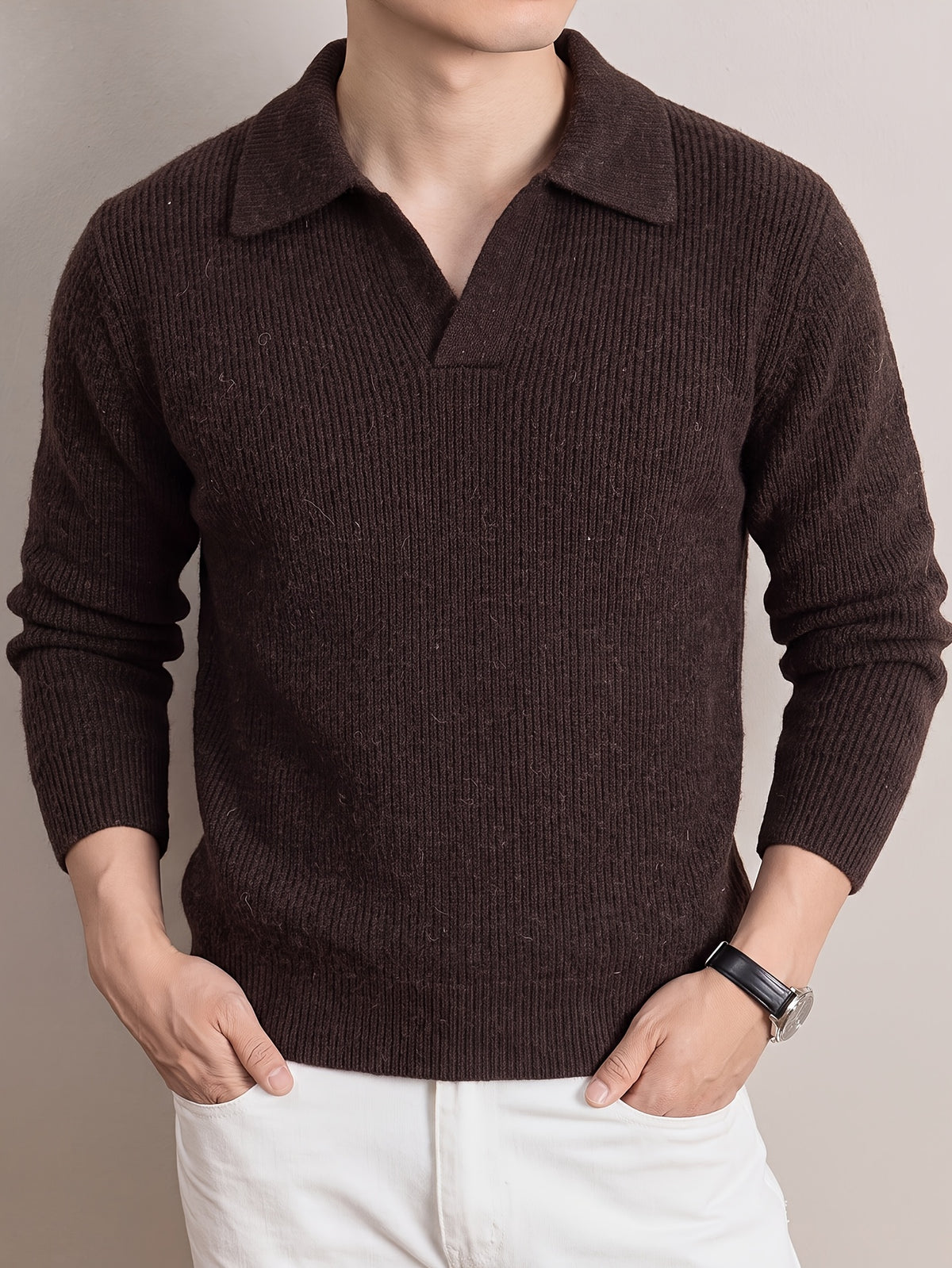 Men'S Polo Neck Knit Sweater Autumn Winter Thick Ribbed Placket Pullover Casual Solid Color Knit Top - Coffee Color