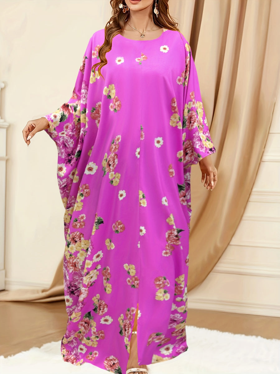 Eid & Ramadan Modest Maxi Dress - Middle Eastern-Inspired Batwing Sleeves, Loose Fit Floral Print, Machine Washable All-Season Comfort for Women, Cultural Attire, Middle Eastern Style, Comfortable Fashion - Magenta