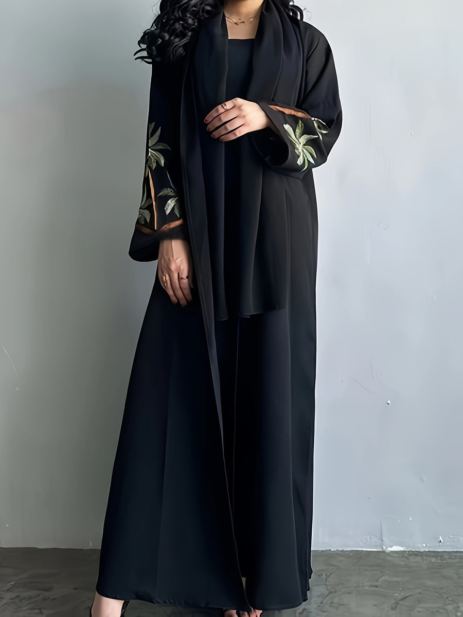 New Stylish And Elegant Embroidered Long Robe Dress for Middle Eastern Muslims During Ramadan 2024. - Black
