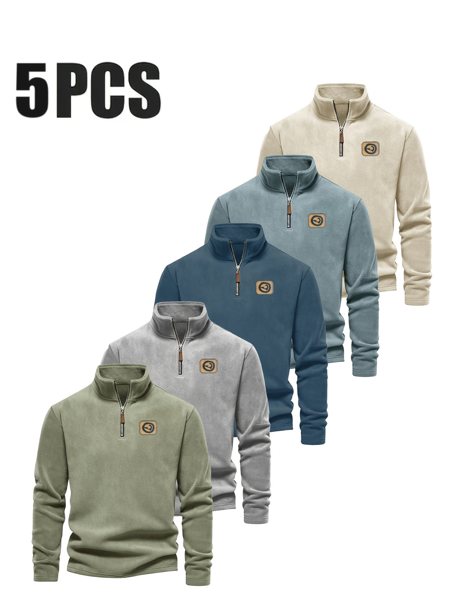 Men'S 5pcs Versatile Basic Fleece Sweatshirt, Half-Zip Stand-Up Collar Autumn And Winter Long-Sleeved Top - Mint Green+Dark Blue+Gray Blue+Apricot+Gray