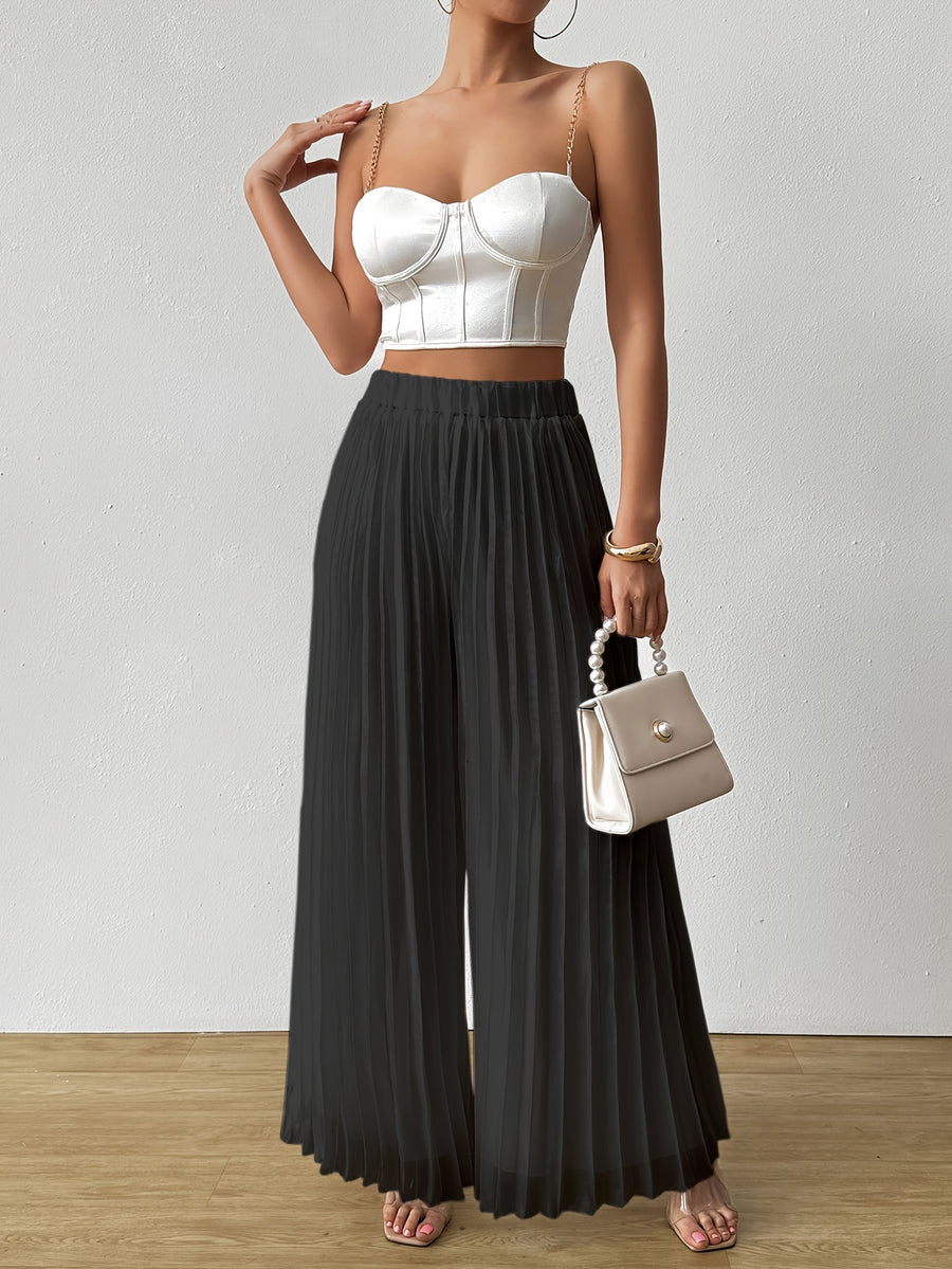 Women'S High-Waisted Pleated Wide-Leg Pants, White And Black. Elastic Waist, Flowy Fit. Perfect for Casual Outings, Evening Events, Or Beach Vacations. Pair with Crop Tops for a Chic Look - Black