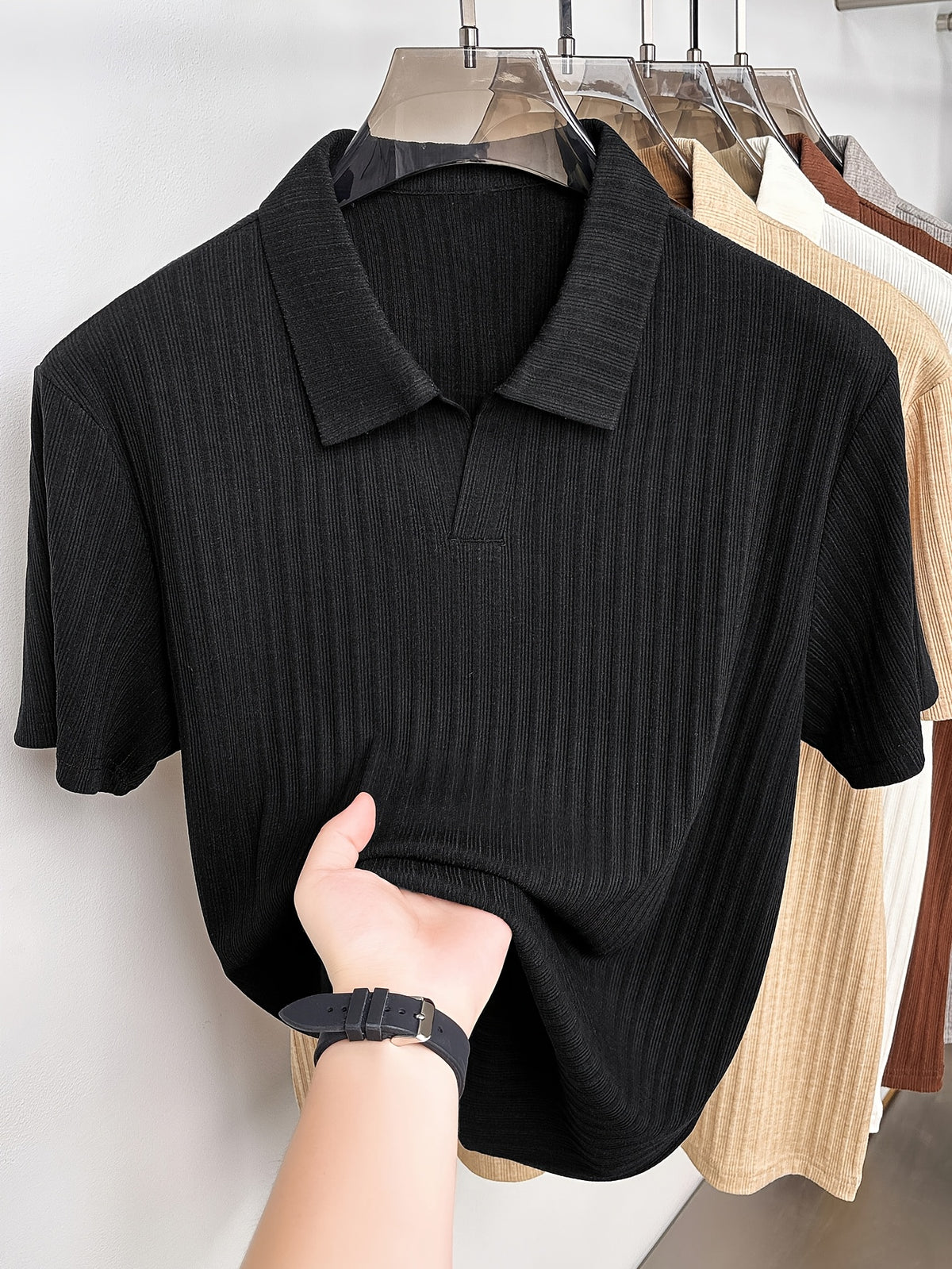 Men'S Vertical Striped V-Neck Knit Shirt, Summer Lapel Men'S Short-Sleeved T-Shirt, Solid Color Striped POLO Shirt, Casual Business Versatile Top, Commuting Men'S Clothing, Temperament Men'S Top - Black