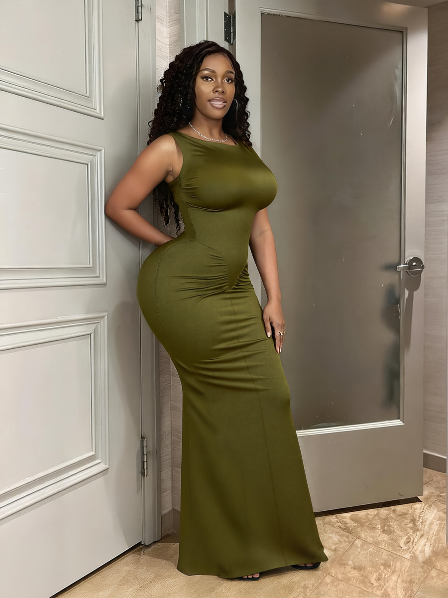 A Sleeveless, Solid-Colored Bodycon Dress That Exudes Elegance, Perfect for Parties, Weddings, And Festive Occasions - Army Green