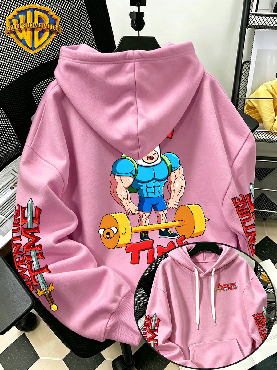 Warner Bros Official Adventure Time Finn and Jake Fitness Barbell Print Hooded Sweatshirt - Men's Casual Versatile Sweatshirt, Comfortable Autumn/Winter Wear, Ideal for Sports, Outdoor Activities, Outings, Travel, and Daily/Commute/Home Use - Pink Color