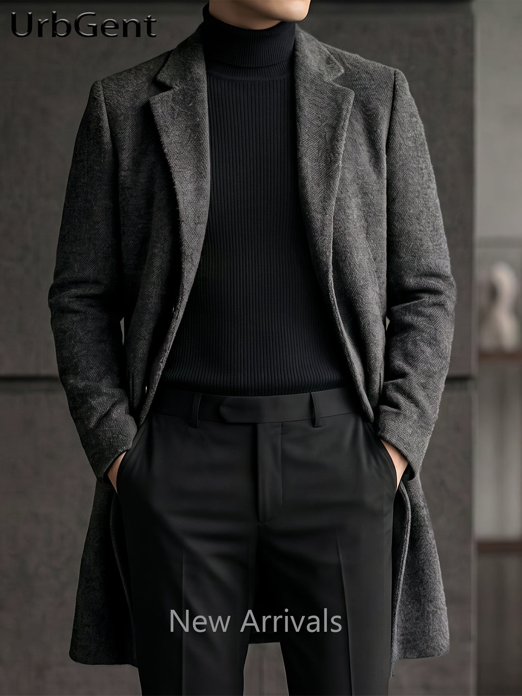 25% Wool Autumn/Winter Men's Suit Lapel Mid-Length Tweed Overcoat, Snowflake Texture Wool Blend Single-Breasted Jacket, Slim Fit Structured Minimalist Solid Color, Versatile Outerwear for Business Commuting and Daily Wear - Dark Gray