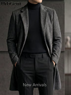 25% Wool Autumn/Winter Men's Suit Lapel Mid-Length Tweed Overcoat, Snowflake Texture Wool Blend Single-Breasted Jacket, Slim Fit Structured Minimalist Solid Color, Versatile Outerwear for Business Commuting and Daily Wear - Dark Gray