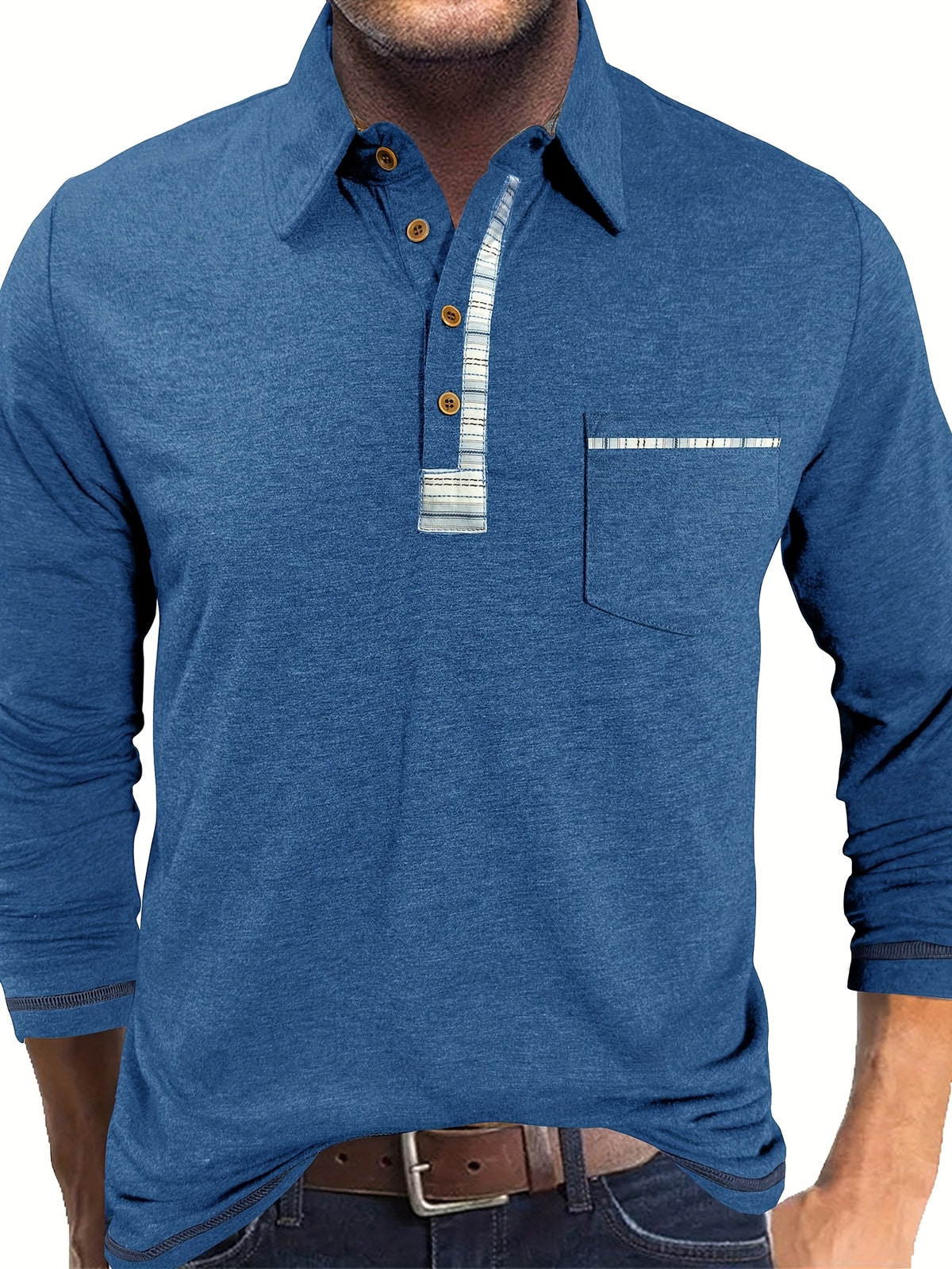 Men'S Retro Trendy Fashion Lapel Long Sleeve Polo Shirt, Casual Stylish Pocket Top T-Shirt - Blue