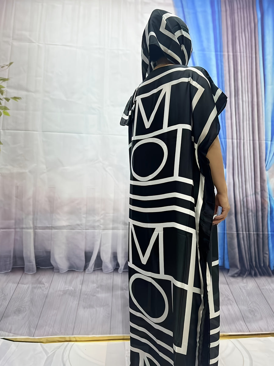 Elegant Black and White Geometric Print Maxi Dress with Batwing Sleeves - Traditional Attire for Women, Perfect for Spring/Summer, Versatile Clothing | Geometric Print Dress | Detailed Applique, Maxi Dress - Black