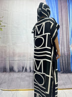 Elegant Black and White Geometric Print Maxi Dress with Batwing Sleeves - Traditional Attire for Women, Perfect for Spring/Summer, Versatile Clothing | Geometric Print Dress | Detailed Applique, Maxi Dress - Black