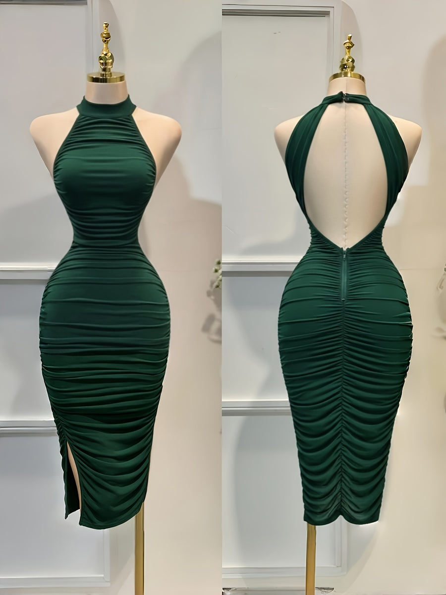 2026 Spring/Summer New Arrival, European and American Elegant Sexy Women's Backless Halter Neck Dress, Fashionable Bodycon Dress, Suitable for Parties, Gatherings, Travel, and Vacations ZLLZ - Dark Green