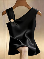 Women'S Elegant Asymmetrical Shoulder Textured Fabric Rose Floral Decoration Button Niche Design Vest Top - Black