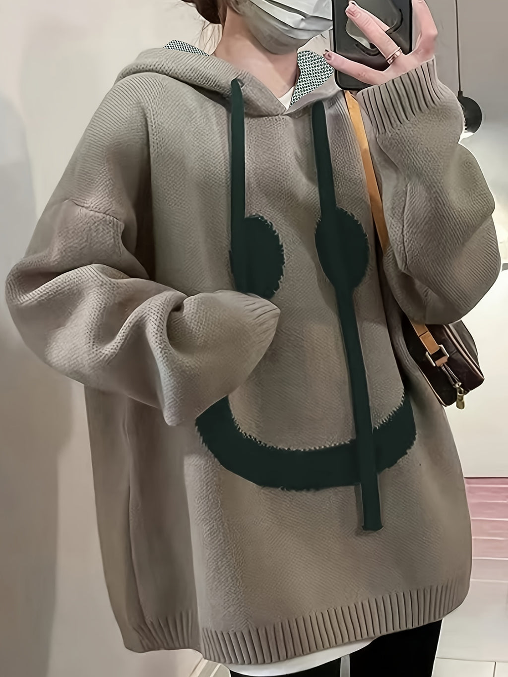 Plus Size, Autumn/Winter European and American Style Elegant Fashion Mature Plus Size Women's Casual Pullover with Joyful Face Pattern Long Sleeve Drawstring Hoodie - Khaki