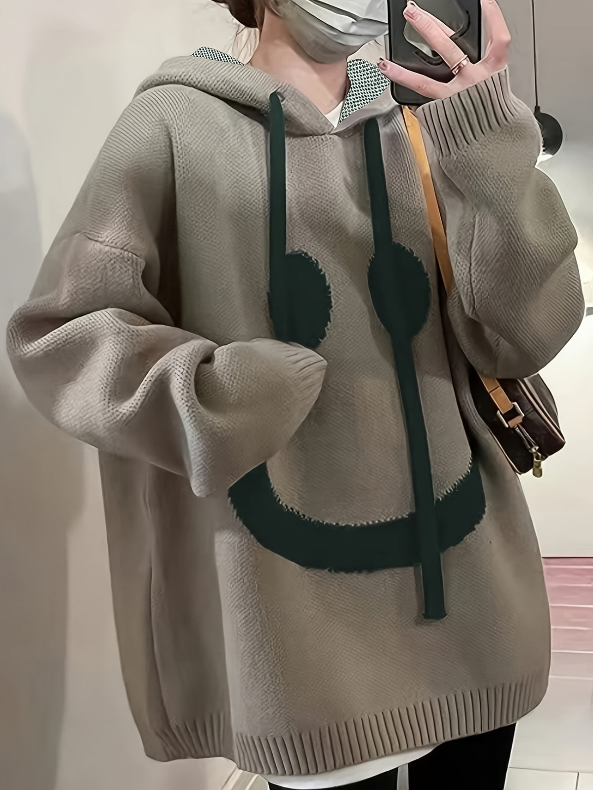 Plus Size, Autumn/Winter European and American Style Elegant Fashion Mature Plus Size Women's Casual Pullover with Joyful Face Pattern Long Sleeve Drawstring Hoodie - Khaki