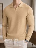 Men's Waffle Textured Long Sleeve Polo Sweater, V Notch Collar Soft Lightweight Knit Pullover, Slim Fit Business Casual Knitted Top for Office Daily Gentlemen Wear - Khaki