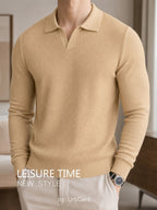 Men's Waffle Textured Long Sleeve Polo Sweater, V Notch Collar Soft Lightweight Knit Pullover, Slim Fit Business Casual Knitted Top for Office Daily Gentlemen Wear - Khaki