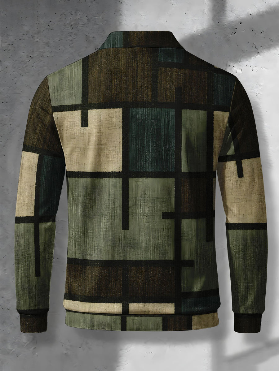 Color-Block Men'S Long Sleeve Polo Shirt, Lapel 3-Button Casual Top, Oil Painting Block Plaid Contrast Print, Spring Autumn Business Commute Golf Versatile Men'S Wear, Teenager Men'S Birthday Holiday Surprise Gift - Mixed Color B