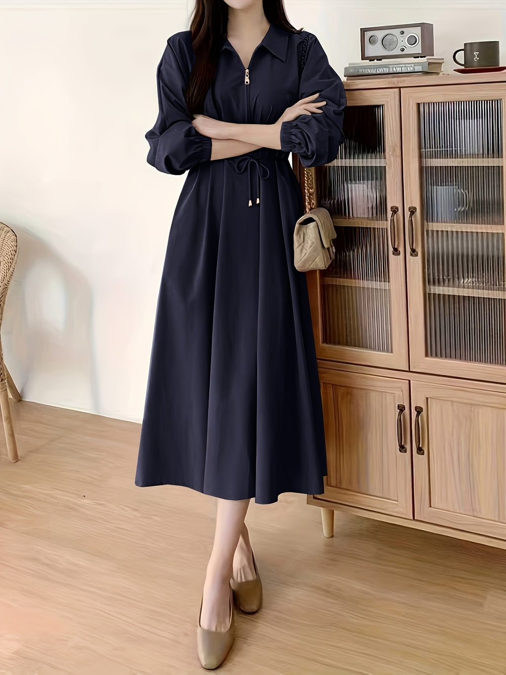Lapel Tie Dress - Navy Color