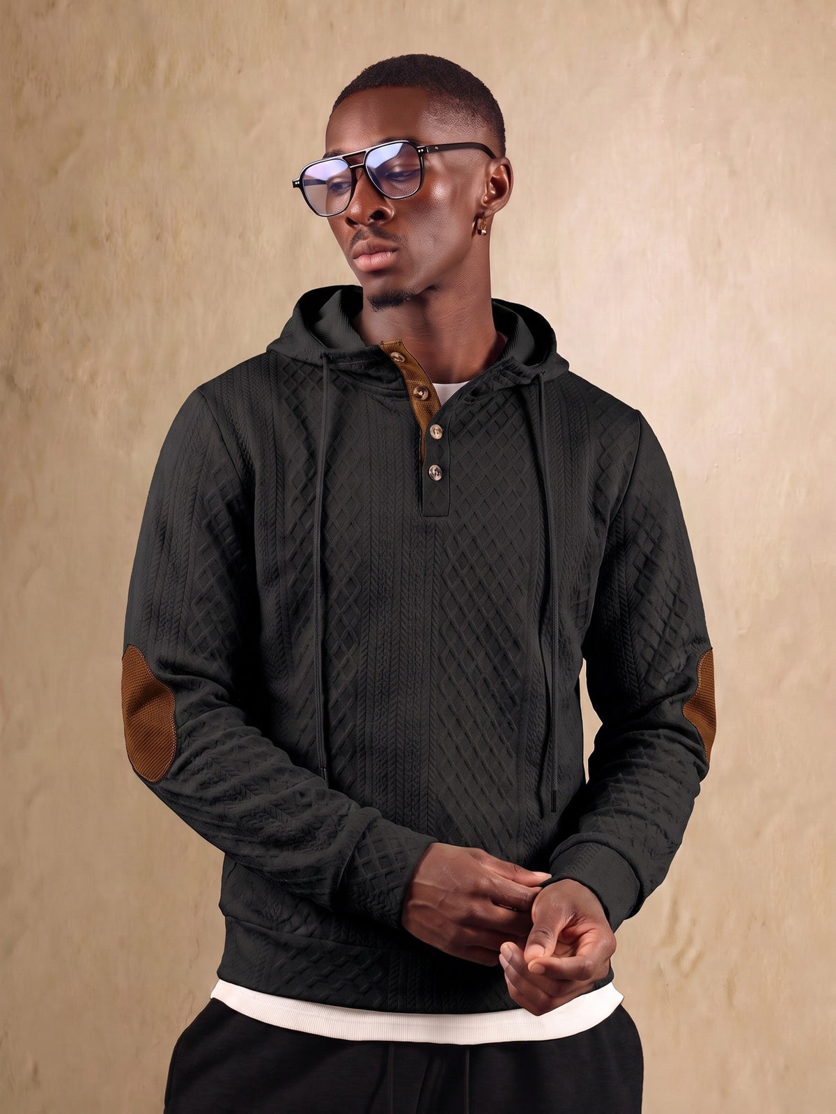1 Men's Fashionable Casual Hooded Sweatshirt | High-End Skin-Friendly Soft Textured Jacquard Fabric | Hooded Button Design | Breathable and Warm | for Indoor Gatherings and Outdoor Sports | Wardrobe Essential for Casual Vacation Style | Suitable - Black