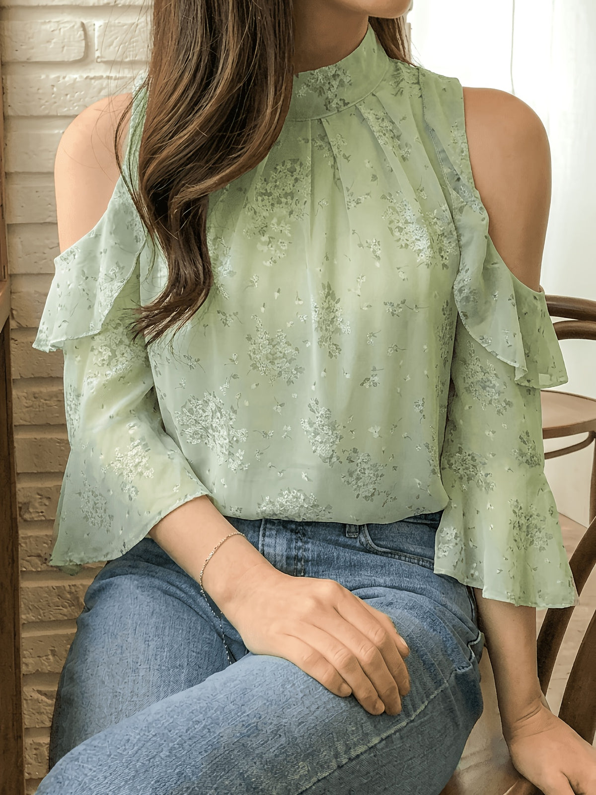 Spring Summer New Women'S Fashion Floral Fresh Style Off-Shoulder Long Sleeve Top - Light Green