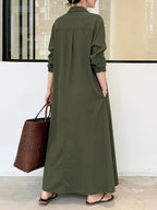 In Stock European And American New Solid Color Lapel Long Sleeve Pocket Easy Loose Casual Long Dress 1pc - Military Green