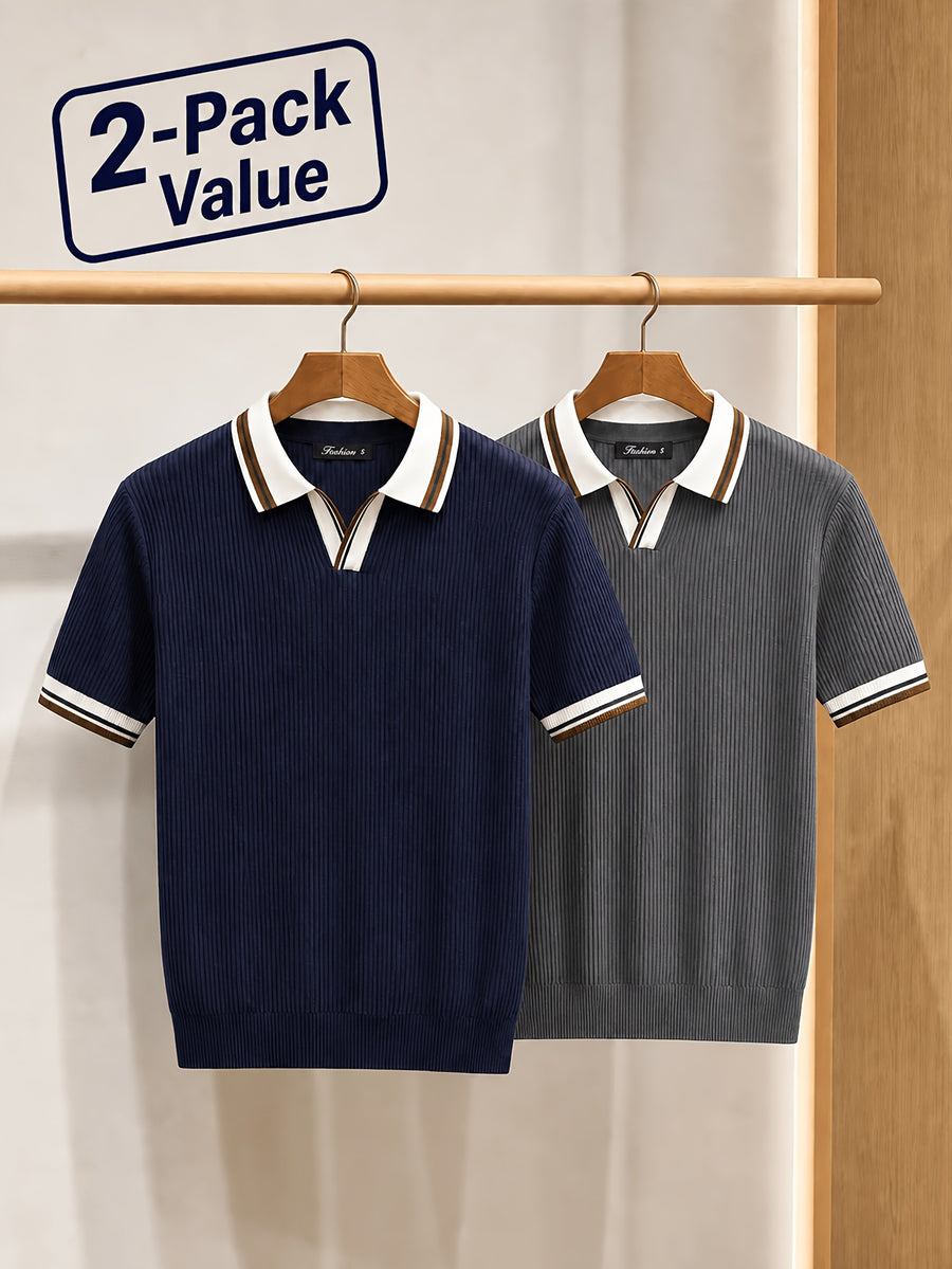 2pcs Men'S Textured Knit Polo Shirt Set, Contrast Striped Lapel V-Neck Breathable Preppy Golf Knit Short Sleeve - Navy Blue+Grey