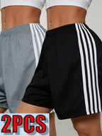 2pcs Women's 2pcs Shorts Suitable for Leisure, Outdoor & Home Wear - Elastic Stretch Waist Loose Fit Short with Side Stripe Design, Elastic Waistband, Non-Stretch Solid Color Shorts for Spring Summer Fall, Machine Washable American Casual - Gray+black